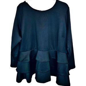 Ashley‎ Stewart Triple Ruffle Peplum Top Black Plus Size 22/24 Stretch Knit